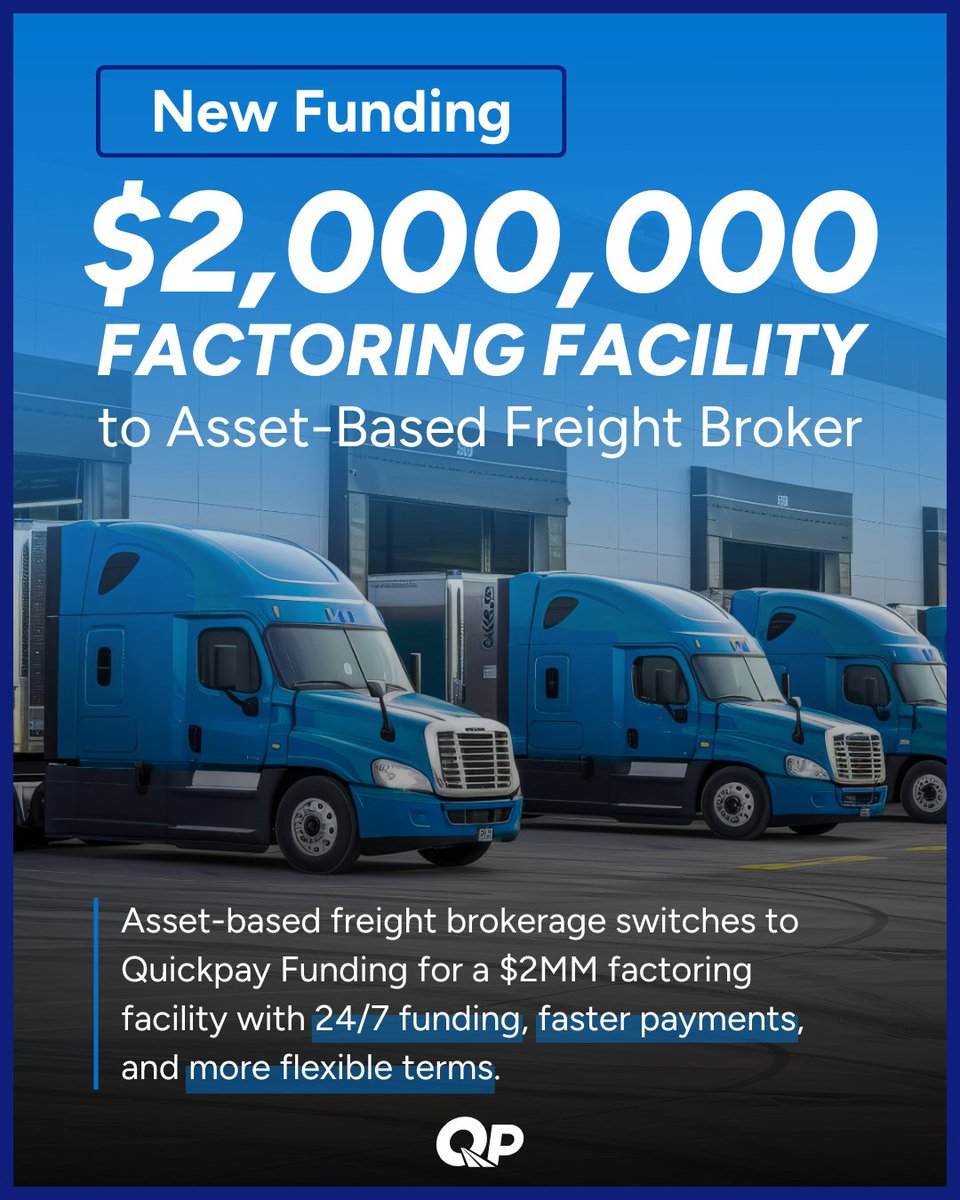 📢 New #FreightBroker Funding! 🚚🚚🚚

We're thrilled to announce a new $2M factoring facility for an asset-based freight broker!

Full story: quickpayfunding.com/quickpay-fundi…
#freightfactoring #invoicefactoring #quickpay #trucking #truckingcompany #logistics #businessfunding #cashflow