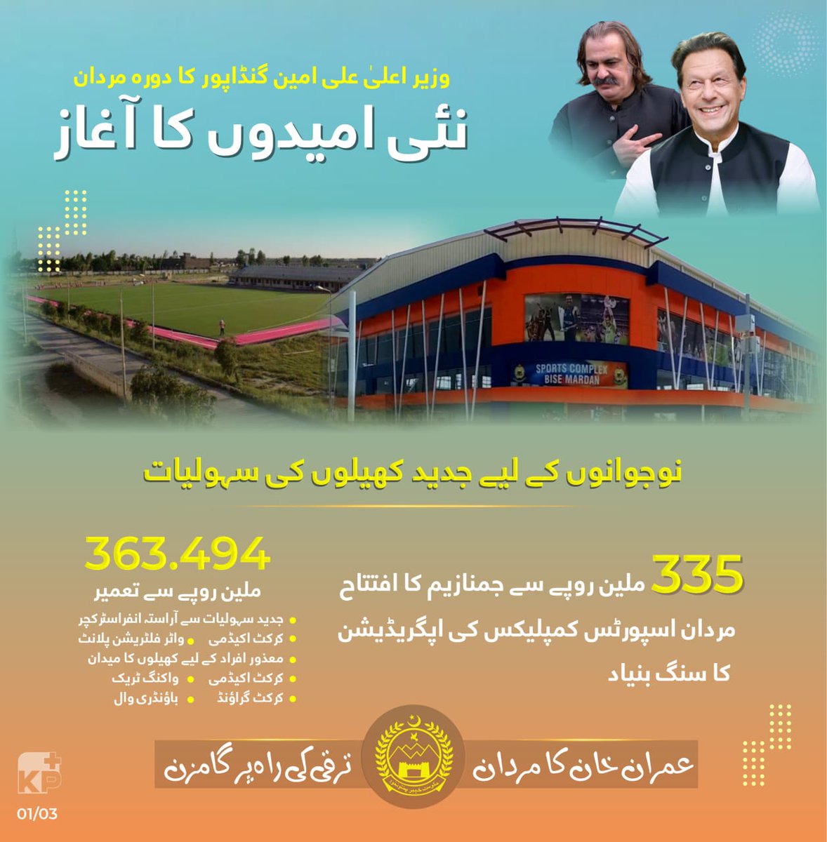 PTIOMardan's tweet photo. وزیر اعلی علی امین گنڈاپور نے اسپورٹس کمپلیکس مردان میں نو تعمیر شدہ جمنازیم کا افتتاح اور کمپلیکس کی اپگریڈیشن کا سنگ بنیاد رکھ دیا۔ 335 ملین روپے کی لاگت سے جمنازیم, کرکٹ گراؤنڈ، واکنگ ٹریک، خصوصی افراد کے لیے گراؤنڈ شامل ہیں۔
#CMKP #MardanDevelopment #SportsKP #KhelRahaHaiKP https://t.co/PlFWt3q0pI