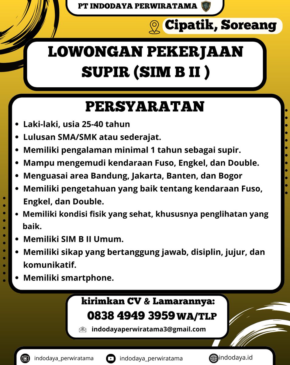 brgkali minat.. cukup kirim cv k no 0838 4949 3959 tanpa biaya admin inshaallah amanah.. 🙏🏻🙏🏻
Penempatan BDG RAYA

#Info #loker #lowongan #kerja #gratis #semuaorang #Tanpa #Biaya #Admin #InshaAllah #amanah #soreang #driver #ojol #Bandung #PERSIB #fypシ #Reels #terbaru #Kota