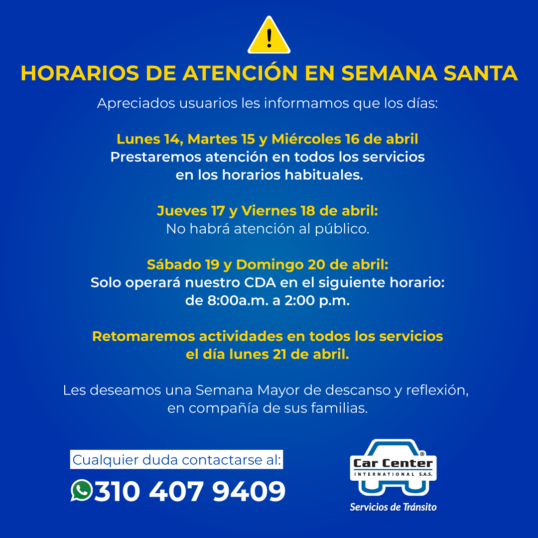 CarCenterMed's tweet photo. ⚠️ HORARIOS DE ATENCIÓN SEMANA SANTA🕙

Apreciados usuarios Informamos que los días 17 y 18 de abril no habrá operación en ninguno de nuestros servicios. https://t.co/4PKUCT5lPl