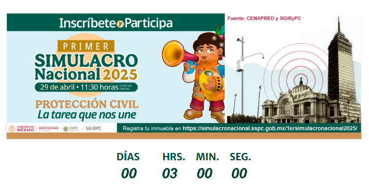 SASMEX's tweet photo. Faltan 3  horas para el #PrimerSimulacroNacional2025 donde se activará la #AlertaSísmica. Recuerda que dará inicio a las 11:30 hrs. ¡Prepárate y Participa! 
¡Prevenir es vivir! https://t.co/3enSEXWVHK