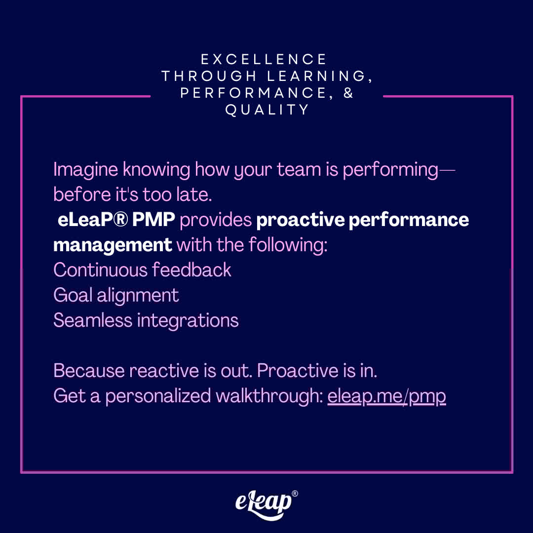eLeaP's tweet image. Imagine knowing how your team is performing—before it&apos;s too late.

eLeaP® PMP provides proactive performance management with the following:
* Continuous feedback
* Goal alignme... eleap.me/pmp
#ContinuousPerformance #ProactiveHR #eLeaP #ModernWorkplace #FeedbackCulture