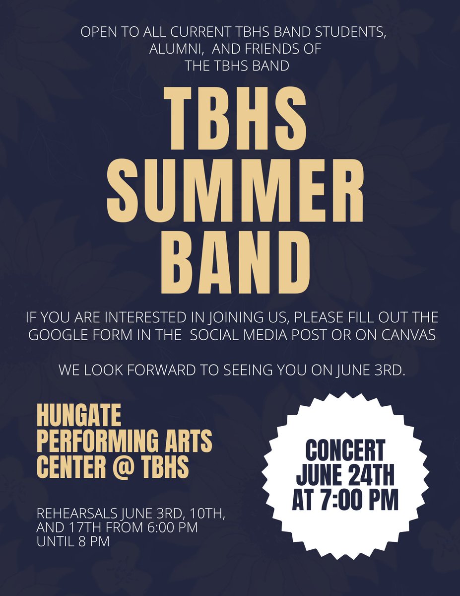 The TBHS Band is doing a summer concert band again this June.  This is open to all of our high school band students as well as any alumni or community friends.  If you are interested in playing please complete the google form at the link below:
docs.google.com/forms/d/e/1FAI…