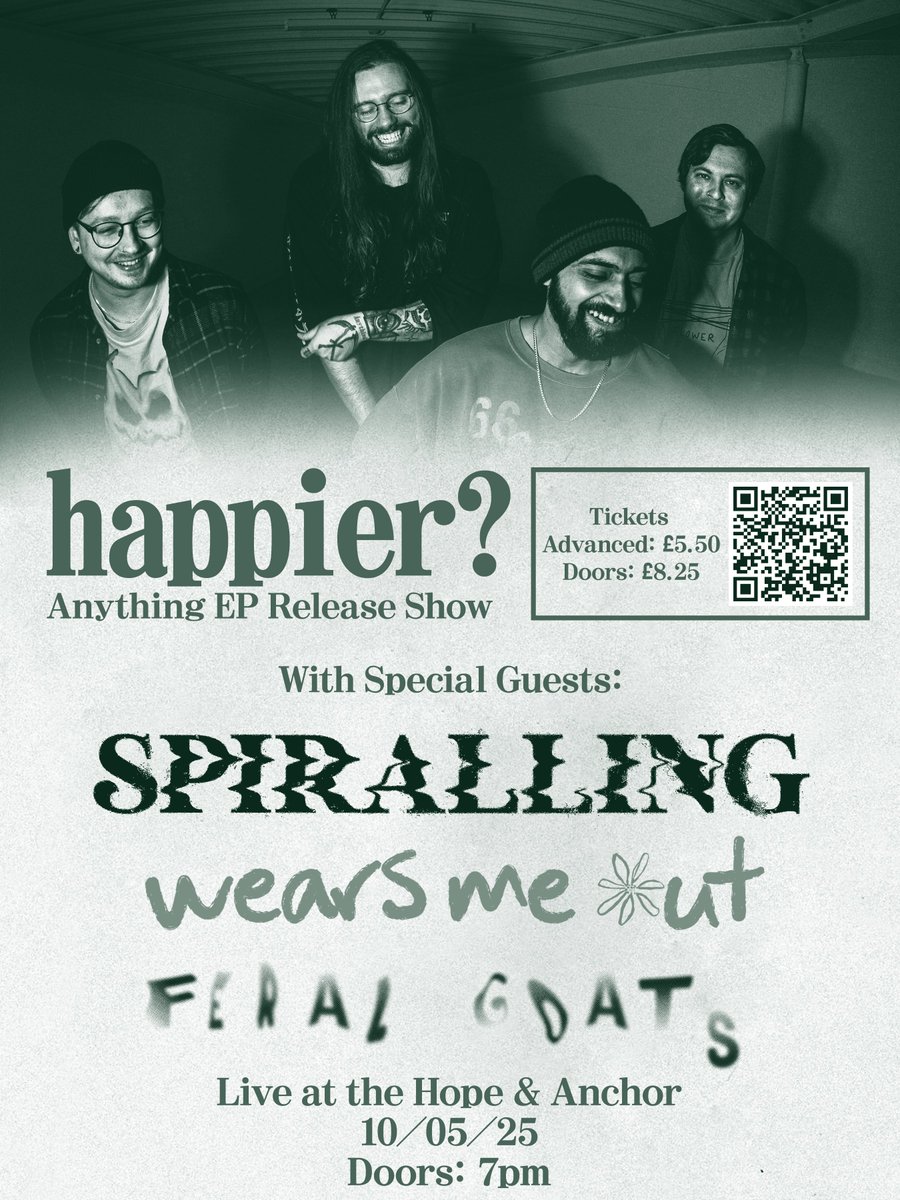 10th May, London

We're very excited to announce we will be joining our friends in <a href="/thebandhappier/">happier?</a> for their EP release show next month at <a href="/TheHopeLiveN1/">Hope and Anchor Live</a> 💚

Tickets available here: tinyurl.com/HappierLDN