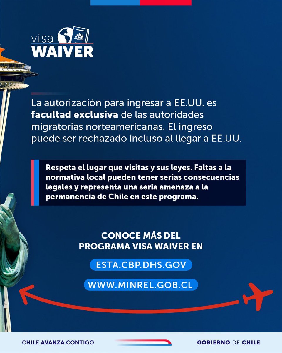 ¡Planifica tu viaje a EE.UU.! ✈️

Si quieres visitar Estados Unidos, planificate. No partas sin saber estas 7 cosas de la Visa Waiver/ESTA. 🇨🇱🇺🇸

Ten un #ViajeResponsable, infórmate en esta.cbp.dhs.gov y minrel.gob.cl