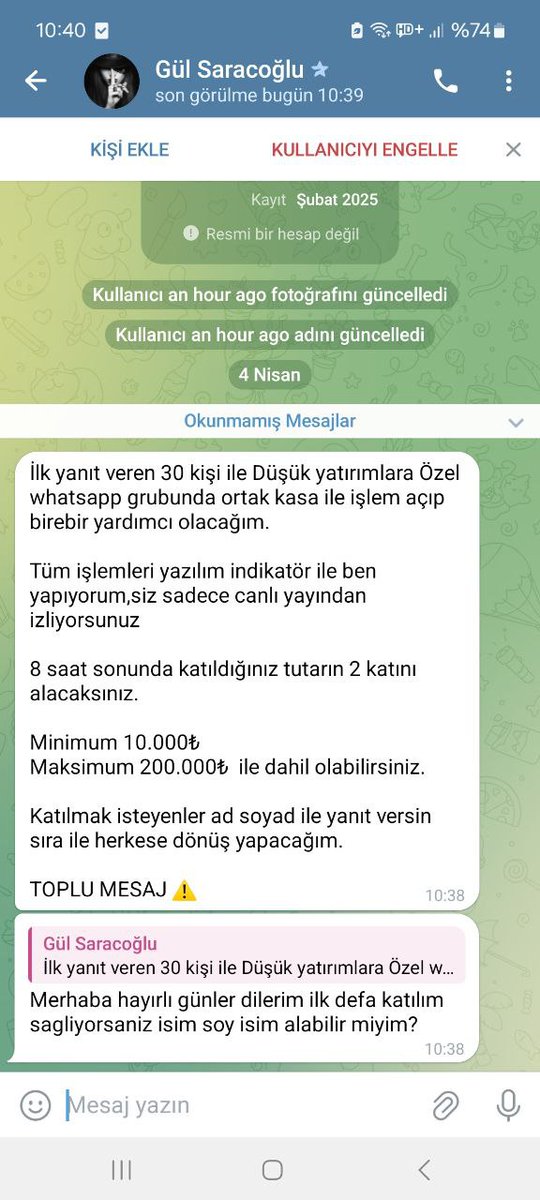 Gulsaracogluuu's tweet photo. #Arkadaşlar benim ücretli grubum yok BIST disindada işlem açmıyorm kimseye güvenip para göndermeyin... https://t.co/d2g0hio9jO
