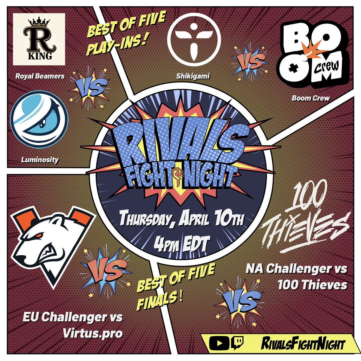 Rivals Fight Night (@rivalsrfn) on Twitter photo The six teams in Rivals Fight Night #6:
@TeamRBEAM
<a href="/Luminosity/">Luminosity Gaming</a>
<a href="/ShikigamiGGs/">Shikigami</a>
<a href="/boomcrewgg/">boomcrew</a>
<a href="/virtuspro/">Virtus.pro</a>
<a href="/100T_Esports/">100 Thieves Esports</a> The six teams in Rivals Fight Night #6:
@TeamRBEAM
<a href="/Luminosity/">Luminosity Gaming</a>
<a href="/ShikigamiGGs/">Shikigami</a>
<a href="/boomcrewgg/">boomcrew</a>
<a href="/virtuspro/">Virtus.pro</a>
<a href="/100T_Esports/">100 Thieves Esports</a>