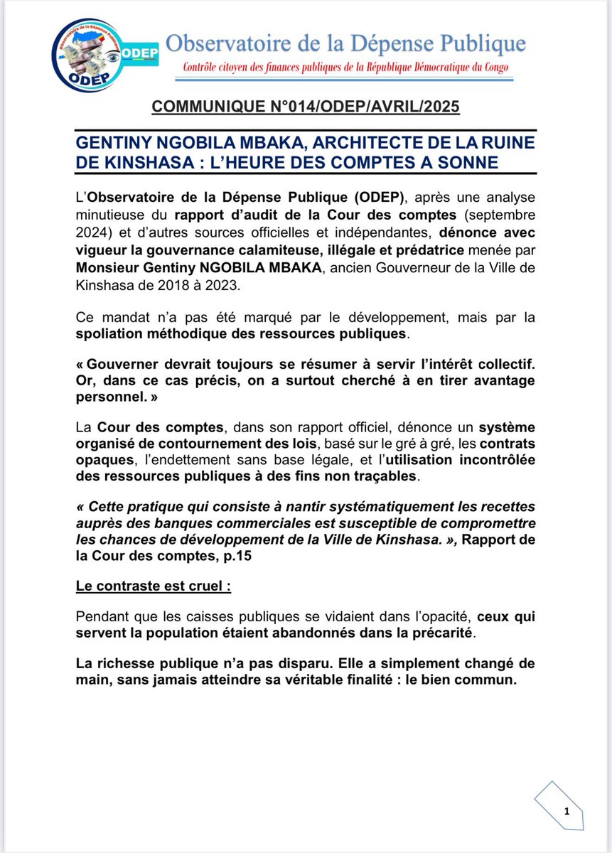 TopCongo's tweet photo. #Kinshasa, l’@odeprdc dénonce « avec vigueur la gouvernance calamiteuse, illégale et prédatrice de l’ancien gouverneur @GentinyNgobilaM et exige l’ouverture immédiate des poursuites contre lui sur le dossier Zando » #RDC #DRC @GouvernoratK https://t.co/Ar6vojB4mo