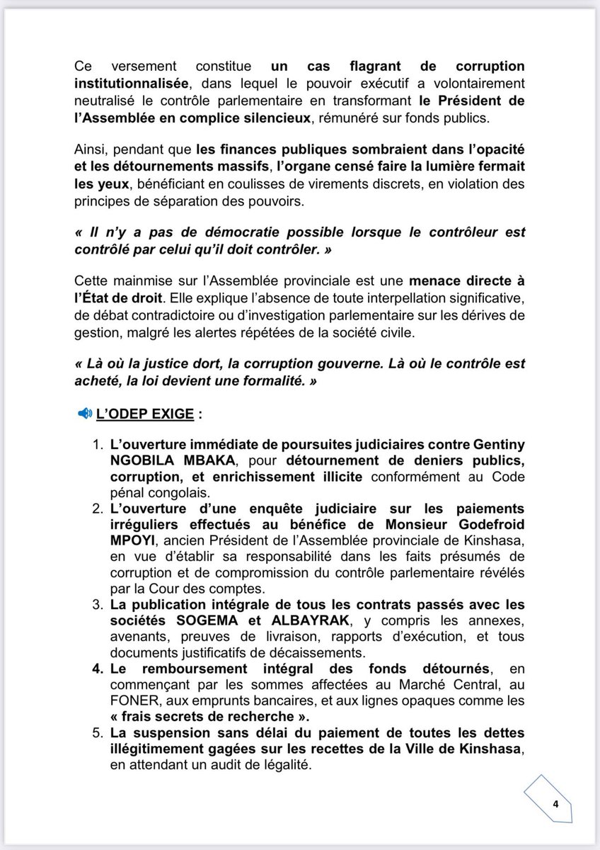 TopCongo's tweet photo. #Kinshasa, l’@odeprdc dénonce « avec vigueur la gouvernance calamiteuse, illégale et prédatrice de l’ancien gouverneur @GentinyNgobilaM et exige l’ouverture immédiate des poursuites contre lui sur le dossier Zando » #RDC #DRC @GouvernoratK https://t.co/Ar6vojB4mo