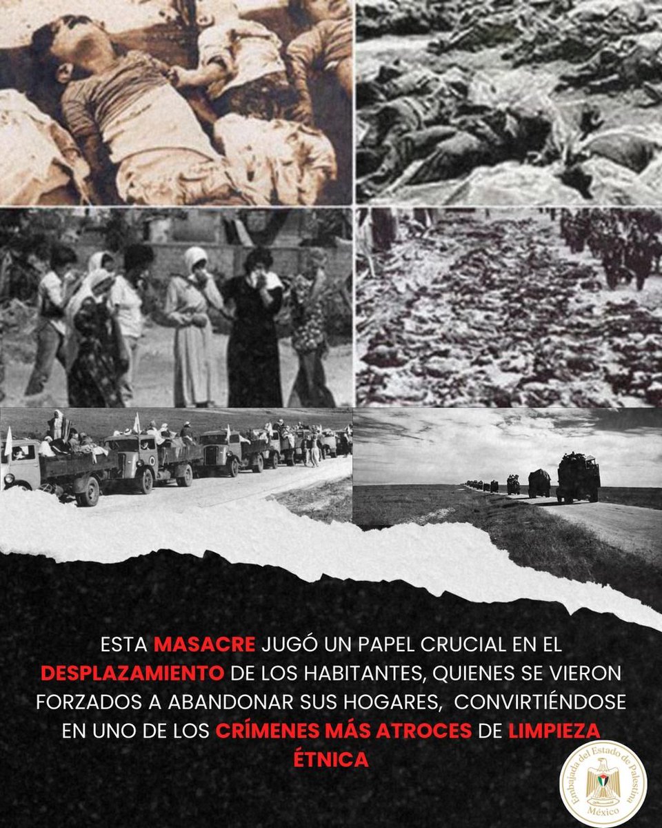 Un día como hoy, en 1948, fuerzas paramilitares sionistas cometieron la masacre de Deir Yassin.
Los crímenes, las masacres, la limpieza étnica contra el pueblo palestino no comenzaron hace 18 meses, sino hace décadas.
¡Basta ya!