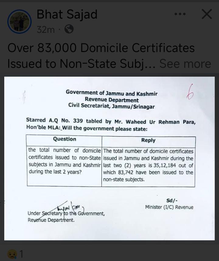 KashmirUrdu's tweet photo. تشویشناک 🚨 دو سال میں مقبوضہ جموں و کشمیر میں 83,000 سے زائد ڈومیسائل سرٹیفکیٹس غیر ریاستی افراد کو جاری کیے گئے۔
یہ ہندوستان کی منظم کالونائزیشن پالیسی کا حصہ ہے تاکہ کشمیریوں کی شناخت اور آبادیاتی ڈھانچہ تبدیل کیا جا سکے۔ https://t.co/eNvoTc2a9L