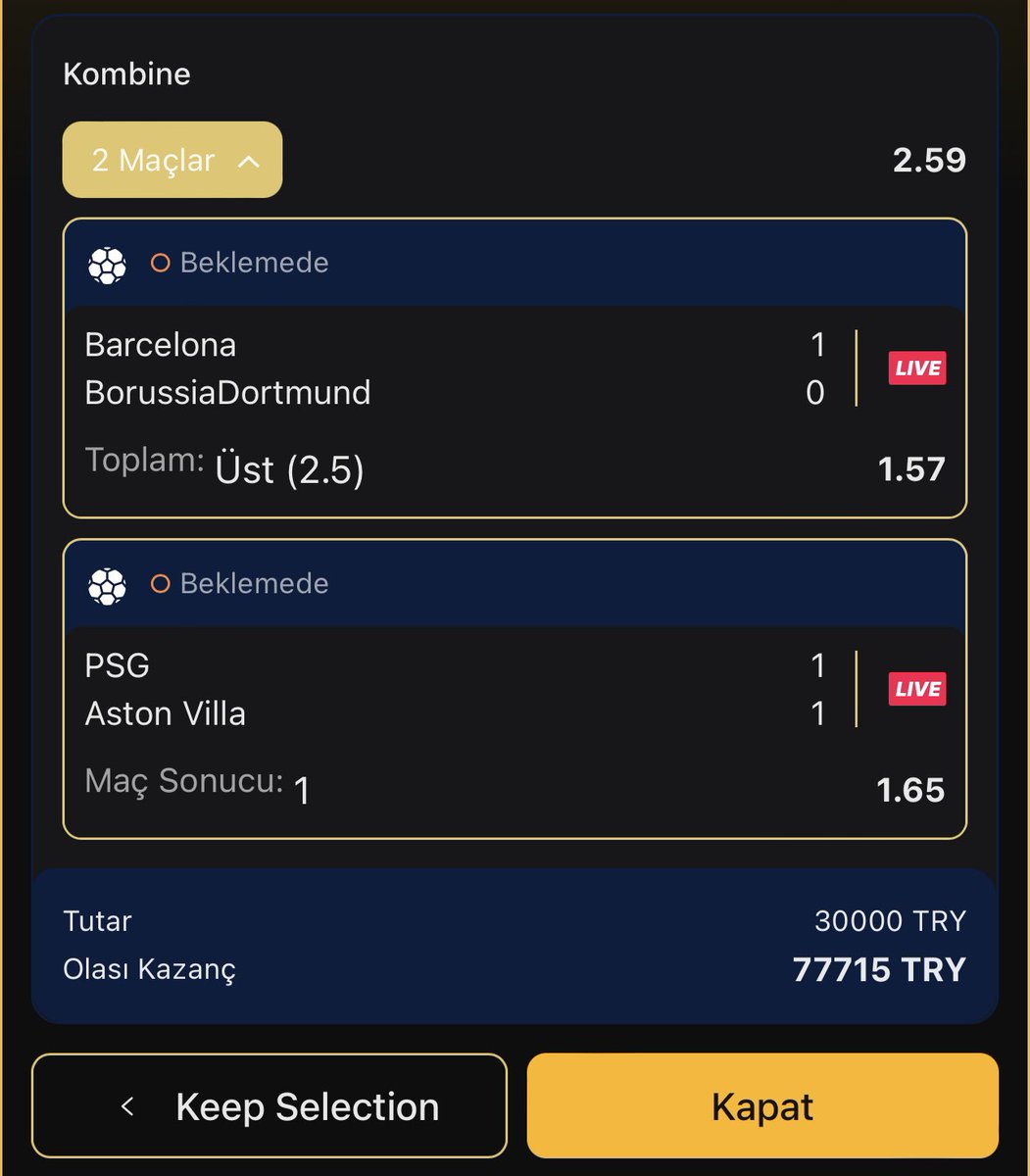 Barcelona - B. Dortmund | PSG - Aston Villa maçlarına tam 30.000 TL bahis aldım. Kazanırsak bu gece tüm tuşlara basan takipçilerime toplu ödül gönderimi yapacağım.