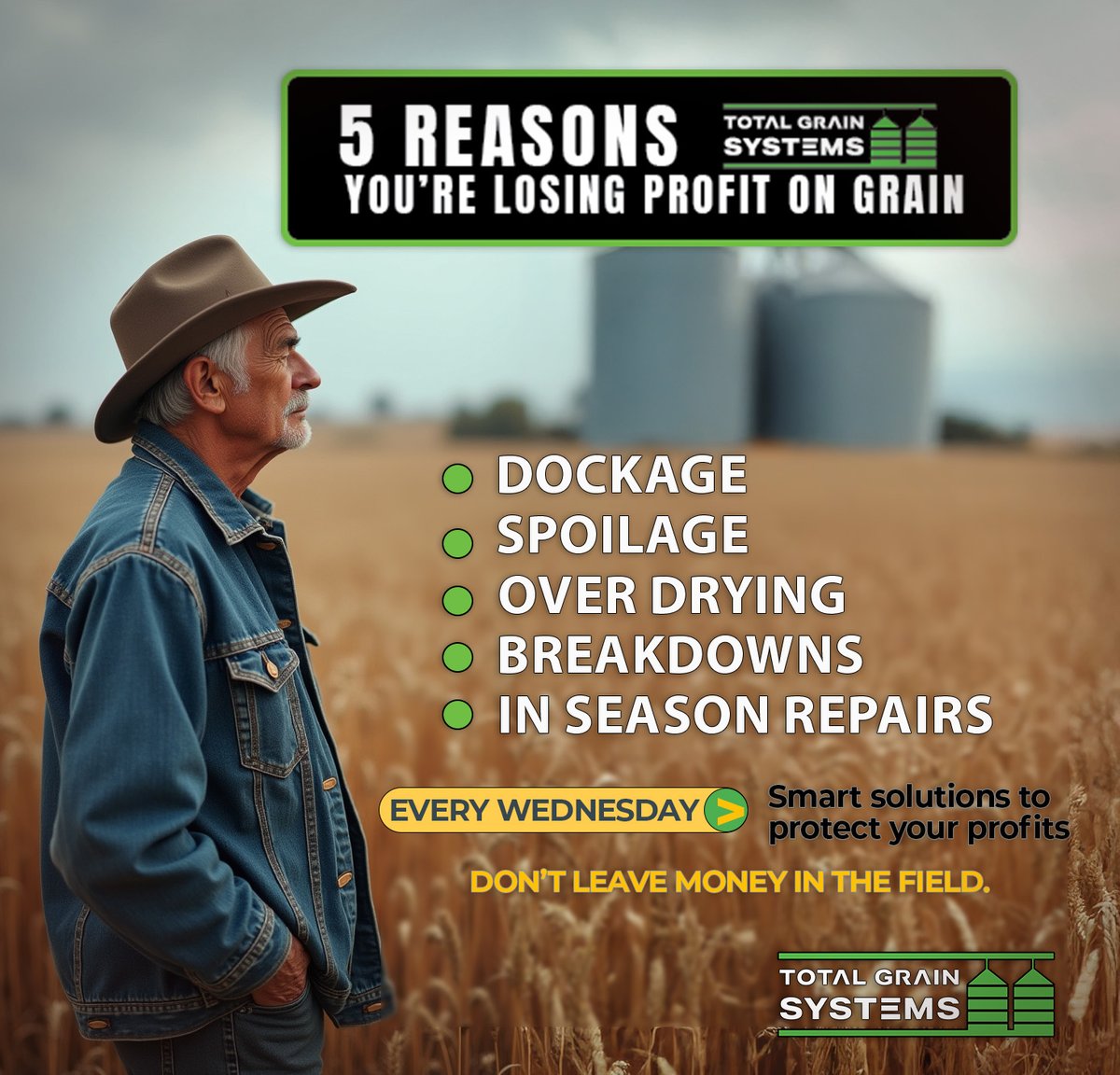 TGrainSystems's tweet image. Farmers — are you losing profit on your grain?
Over the next 5 weeks, we’re breaking down the top causes of lost revenue — and how to stop it.
🟢 Dockage
🟢 Spoilage
🟢 Over Drying
🟢 Breakdowns
🟢 In-Season Repairs

Follow along. #GrainProfit #FarmSmart #TGSolutions