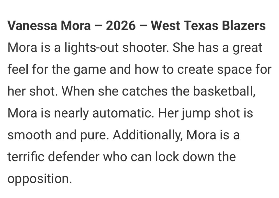 2026 5-9 SG Vanessa Mora (Chapin), 4.0 GPA. <a href="/VanessaMora__/">Vanessa</a> 

✅Certified 3&amp;D Player

Thank you to <a href="/JrAllStarBB/">Jr. All-Star Girls Basketball</a> for the write up! 🙏💯

#Culture #BlazerGirl
