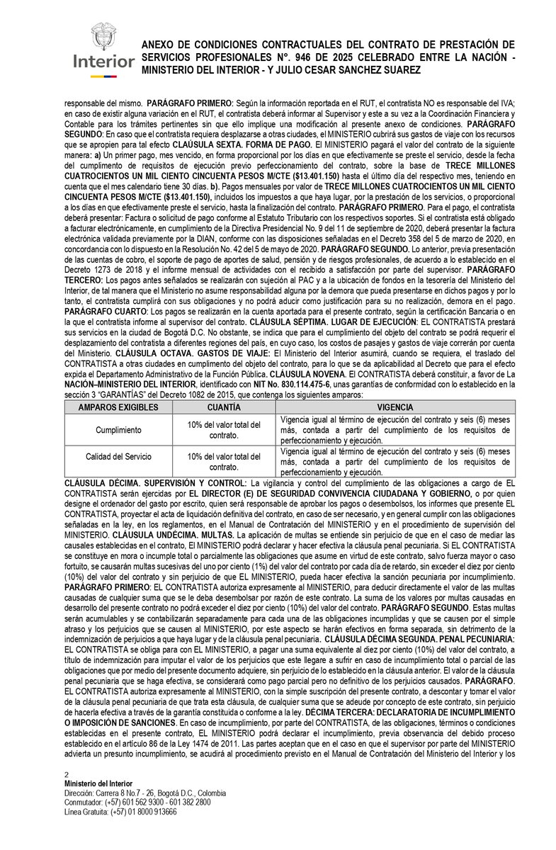 elcolombiano's tweet photo. Entre los contratistas más destacados están Julio César Sánchez Suárez, con un contrato de $130 millones para análisis de riesgos de seguridad, y Heyzel Margarita Melo, quien trabaja directamente con el despacho del ministro con un contrato de $114 millones.⬇️ https://t.co/neTYPtRC01