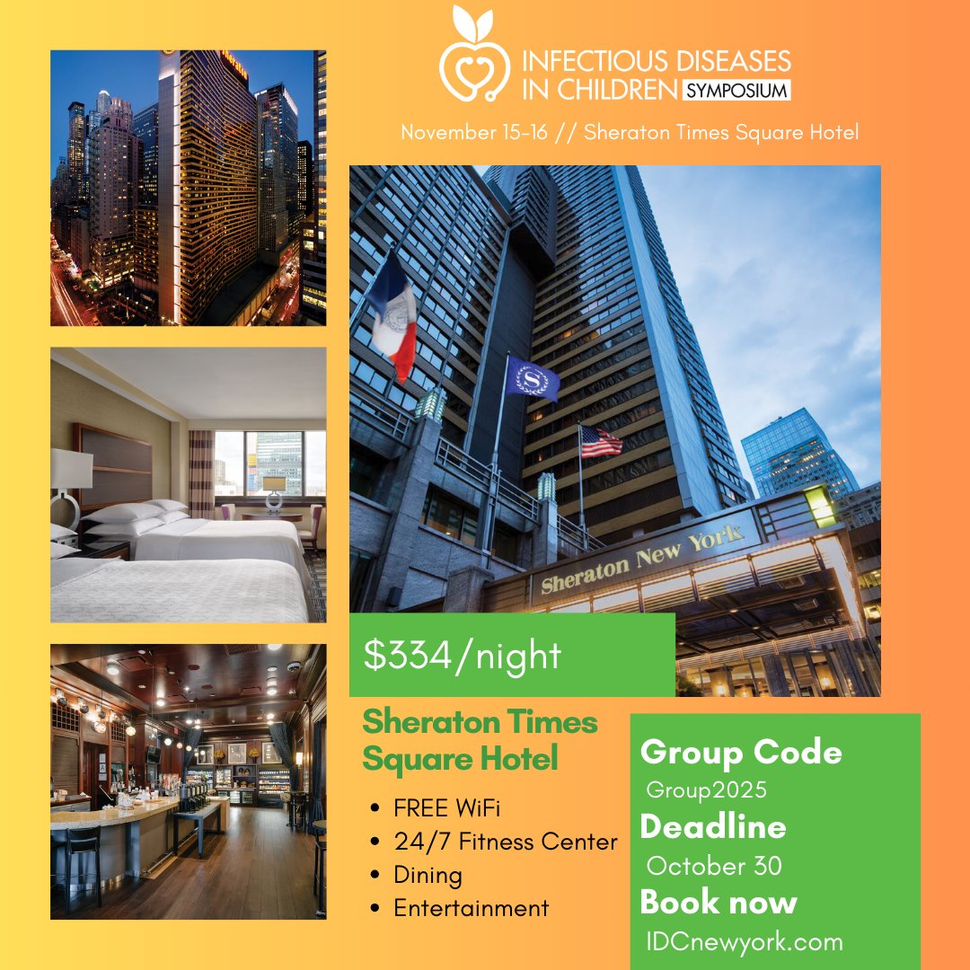 Headed to NYC for the Infectious Diseases in Children Symposium 2025? Don’t wait—book your room now at the Sheraton Times Square for November 15–16! IDCnewyork.com #infectiousdisease #pediatrics #pedsnurse #physician #nurse #nursepractitioner