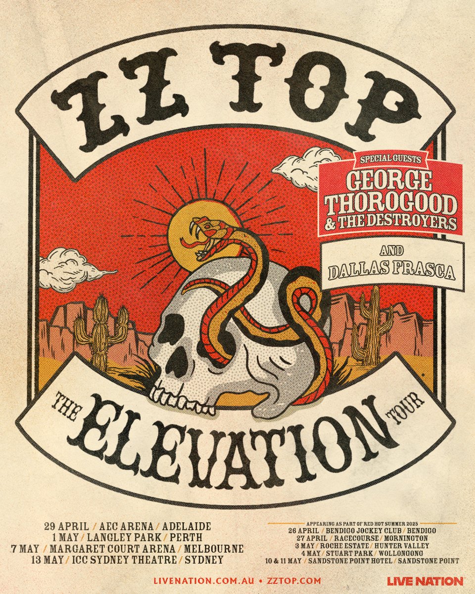 The wait is nearly over, Australia &amp; New Zealand… ZZ Top is coming! Don’t miss your chance to see the legends live. Visit ZZTop.com/tour for tickets and details!