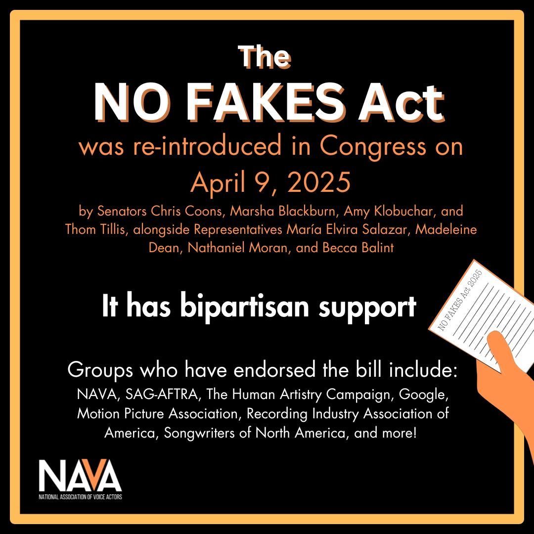 We are THRILLED that the NO FAKES Act has been reintroduced in Congress today! This bipartisan bill will provide every American citizen with the rights to their Voice, Image, Name and Likeness. NAVA will be headed back to Capitol Hill soon to keep pushing this important piece of