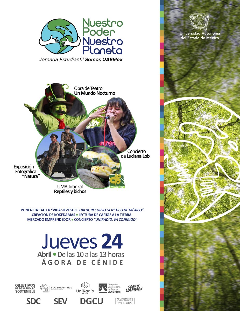 🌍🎶 Te invitamos a celebrar el Día Internacional de la Madre Tierra con la Jornada Estudiantil Somos UAEMéx.
Disfruta de una obra de teatro, conferencias, ecotrueque, conciertos y muchas actividades más.
📅 24 de abril   🕘 10 a 13 h
📍 Ágora de Cénide
#SomosUAEMéx💚💛