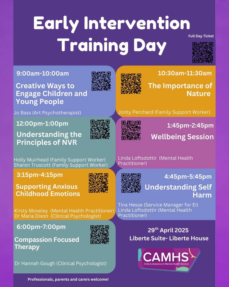 CAMHS Training Day. Join the CAMHS Early Intervention Team for an exciting day of training with skilled professionals!

There are seven sessions available for parents and professionals. Ticket link below.

📅 Tuesday 29 April
⌚ First session starts at 9am
📍 Liberte House
