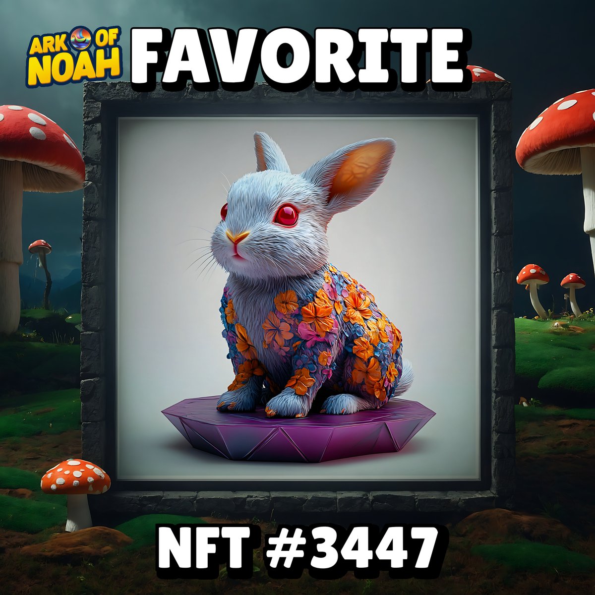 Villspor's tweet photo. Yo crypto bros! Feast your eyes on NFT #3447: a Floral Rabbit with bright vivid skin, red eyes, and a radiant-purple octogon plate. This drop is my NFT crown—pure alpha vibes fueling Solana surge & drop season. HODL and moon! 🌟🚀 #ChainArt #SolanaSeason #Solana #ARKOFNOAH https://t.co/uP5F8ZdPuu