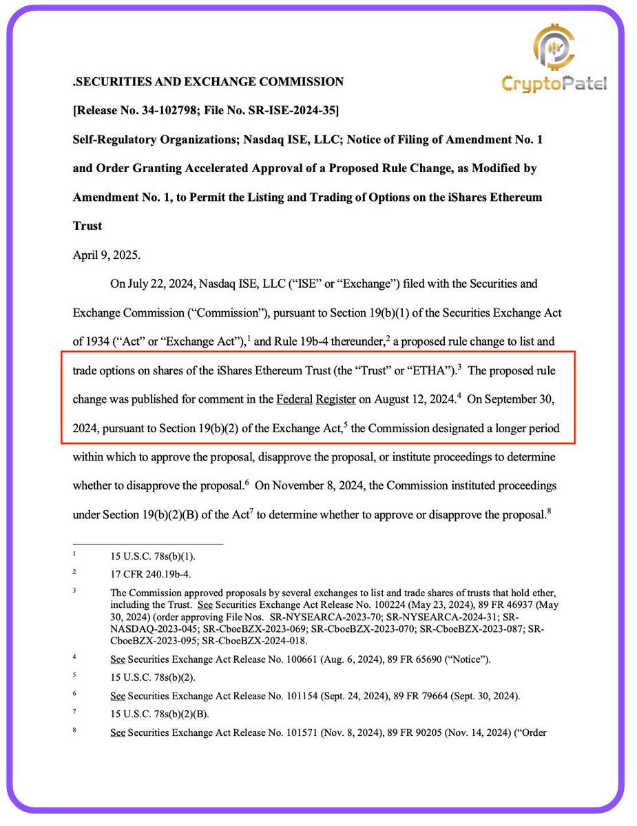 CryptoPatel's tweet image. JUST IN: SEC approves options on spot Ethereum ETFs

sec.gov/files/rules/sr…

#EthereumETF #Ethereum $ETH