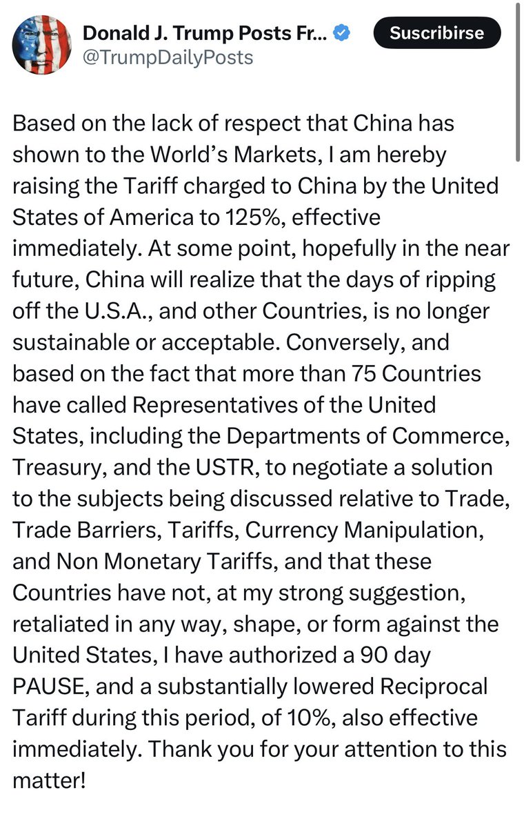 Inverstone's tweet image. 🔔🇺🇸 Y así de fácil es como un post en redes sociales del presidente de EEUU Trump puede cambiar el sentimiento de mercado. 

📊 Pasando del escenario “fin del mundo” a la vida es de color rosa en minutos. 

Todo esto, a pesar de que no se han eliminado los aranceles, tenemos lo…