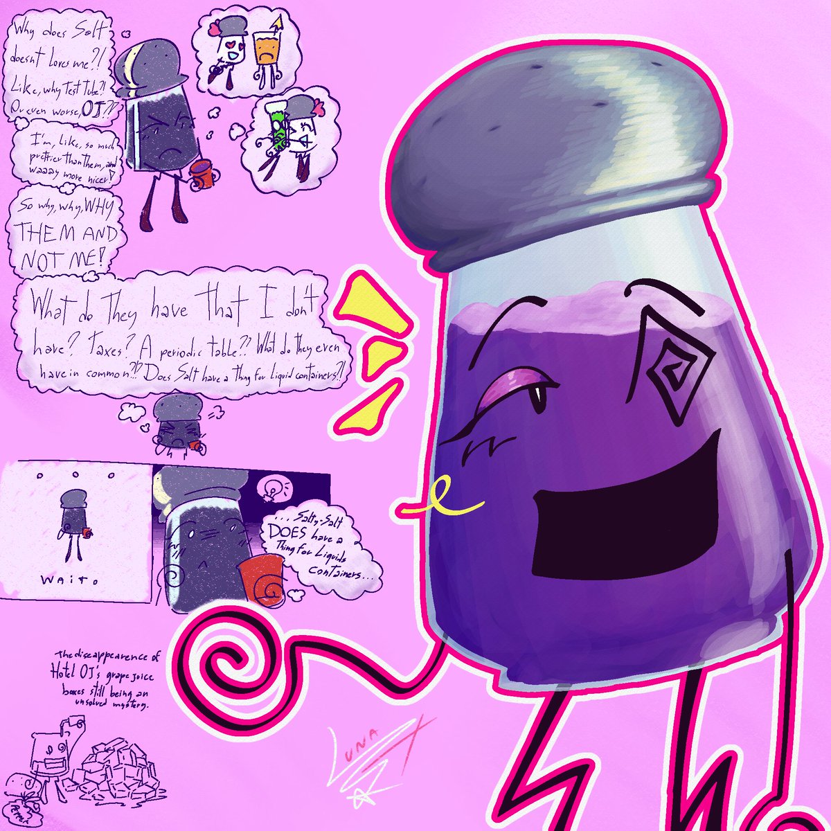 LunaXorLuna's tweet photo. Pepper but instead of pepper she now contains the ominous vibrant purple liquid/grape juice
#Osc #II #InanimateInsanity #Pepper #PepperII #Salt #Oj #Testube #theyrebarelyherebutimevilsoimtaggingthem #Saltube #implied #Saltpep #NOTimplied #hehehtagsrfun #yuri https://t.co/O8CvykA0Ww