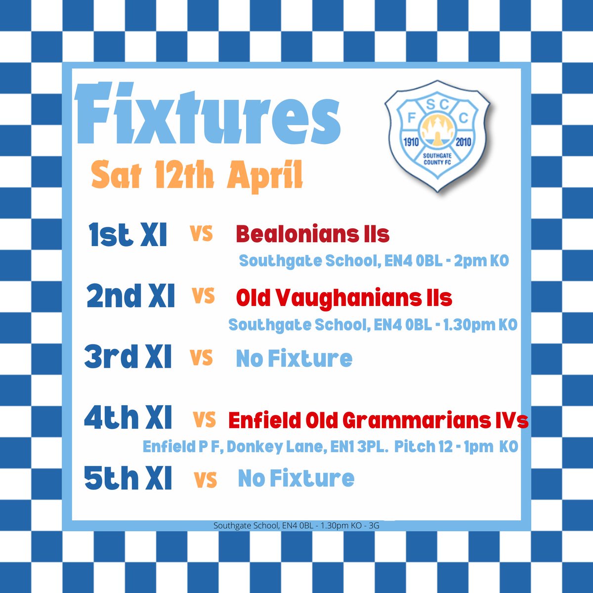 Southgate County FC (@southgatecounty) on Twitter photo Fixtures
<a href="/Bealoniansfc/">Bealoniansfc</a> <a href="/OldVaughanians/">OldVaughanians</a> @enfieldgrammar OBs
Huge one for the 1s
Up the County πππ₯π Fixtures
<a href="/Bealoniansfc/">Bealoniansfc</a> <a href="/OldVaughanians/">OldVaughanians</a> @enfieldgrammar OBs
Huge one for the 1s
Up the County πππ₯π