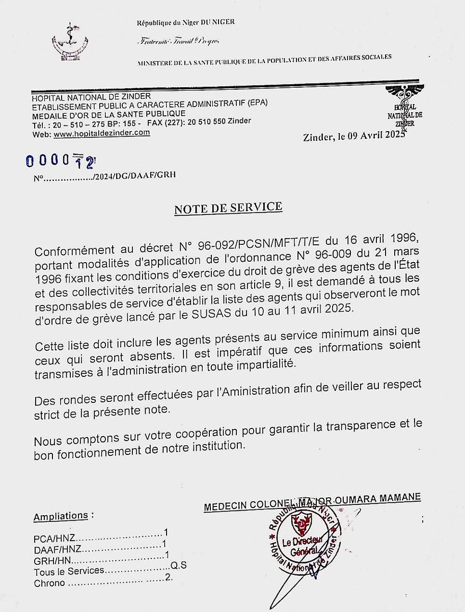 ighazer's tweet photo. #Niger🩺 SANTÉ 💊
🛑Tentative désespérée de dissuasion à la veille de la grève du #SUSAS
À travers cette note de service, les chefs de service sont instruits à dresser la liste des agents présents et absents durant la grève annoncée par le SUSAS, les 10 et 11 avril 2025. le CNSP tente manifestement de dissuader les agents de santé de participer à la grève légitime de leur syndicat, le SUSAS, après un ultimatum d’une dizaine de jours.