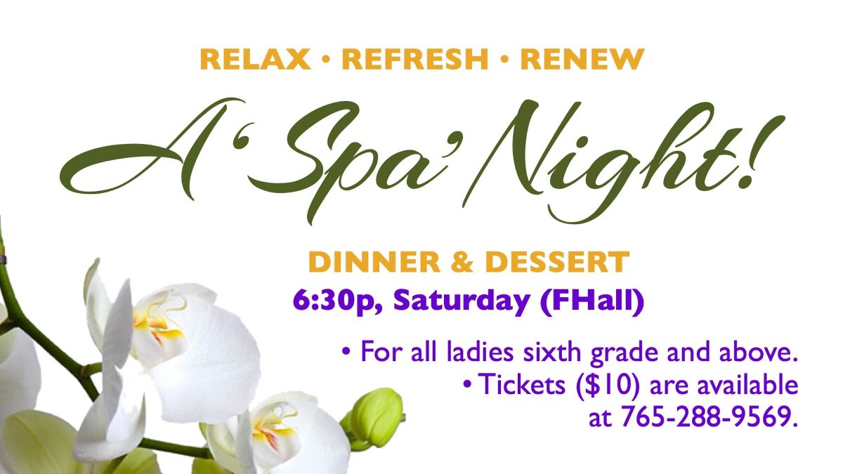 GBCMuncie's tweet photo. Ladies, could you use a time to relax, refresh, and renew? Come, enjoy “A ‘Spa’ Night” in our Fellowship Hall this Saturday at 6:30. All ladies sixth-grade and above are welcome! Tickets ($10) are available at the church office or by calling (765) 288-9569. https://t.co/kBlgji6zkg
