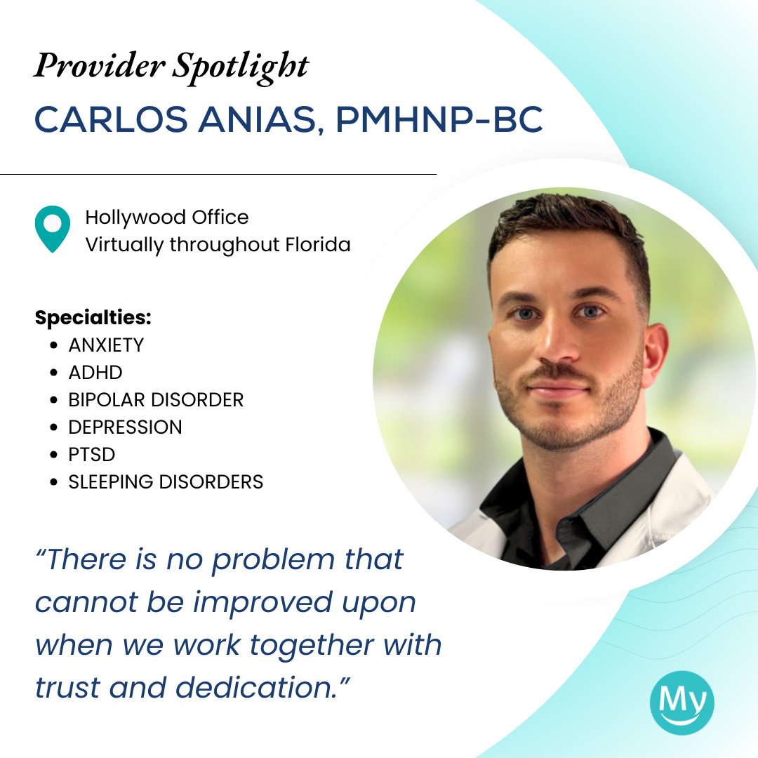 Looking for a mental health provider who understands you? Carlos Anias, PMHNP-BC located in our Hollywood office, is here to help! 👋  Schedule a time to consult with him today and start feeling better.😀