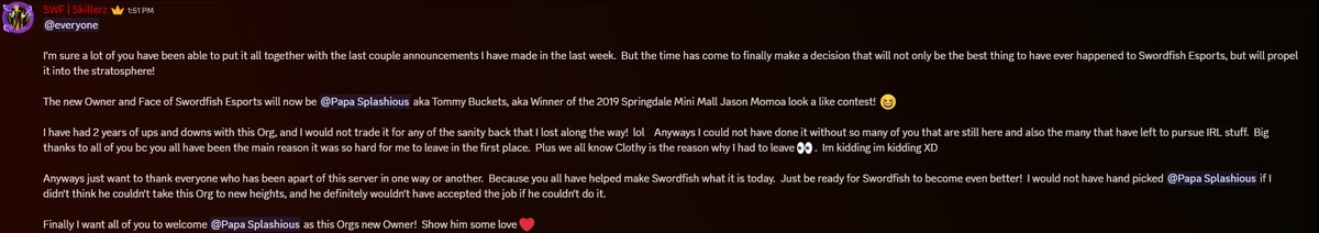 Swordfish Esports (@swordfish_hq) on Twitter photo Skillerz has stepped down and a new Owner has come to make a big splash!
Big welcome to <a href="/TTVTommyBuckets/">TommyB.RLSS</a> !!! The new Owner of Swordfish Esports! <3 Skillerz has stepped down and a new Owner has come to make a big splash!
Big welcome to <a href="/TTVTommyBuckets/">TommyB.RLSS</a> !!! The new Owner of Swordfish Esports! <3