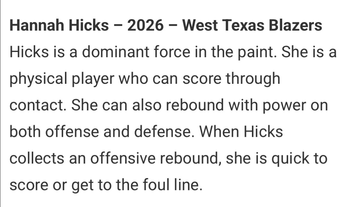 2026 F Hannah Hicks (El Dorado), 3.6 GPA. <a href="/Hannah_32Hicks/">Hannah Hicks</a> 

✅High Motor + Glass Killer 

Thank you to <a href="/JrAllStarBB/">Jr. All-Star Girls Basketball</a> for the write up! 🙏💯

#Culture #BlazerGirl