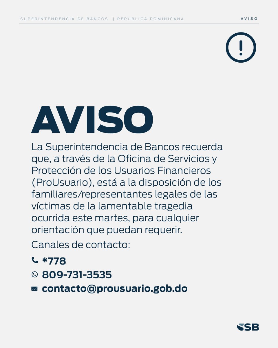 SuperdeBancosRD (@superdebancosrd) on Twitter photo #Atención Aviso de interés. Estamos al servicio de las familias afectadas a través de <a href="/ProUsuarioRD/">ProUsuario RD</a>. #Atención Aviso de interés. Estamos al servicio de las familias afectadas a través de <a href="/ProUsuarioRD/">ProUsuario RD</a>.