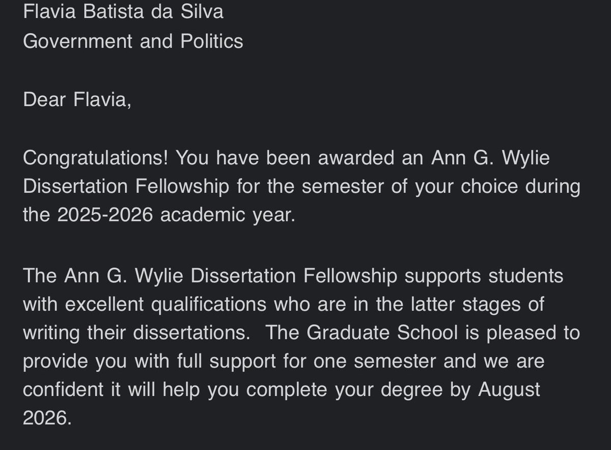 I’m so honored to be <a href="/UMDGVPT/">Gov't & Politics UMD</a>’s recipient of the Ann G. Wylie Dissertation Fellowship, supporting my dissertation research on how citizens shape presidential accountability in Latin America. Grateful for the recognition and support! 🥳💫 <a href="/bsosumd/">BSOS @ UMD</a> <a href="/UMDGradSchool/">UMD Grad School</a> <a href="/lacsUMD/">LACS</a>