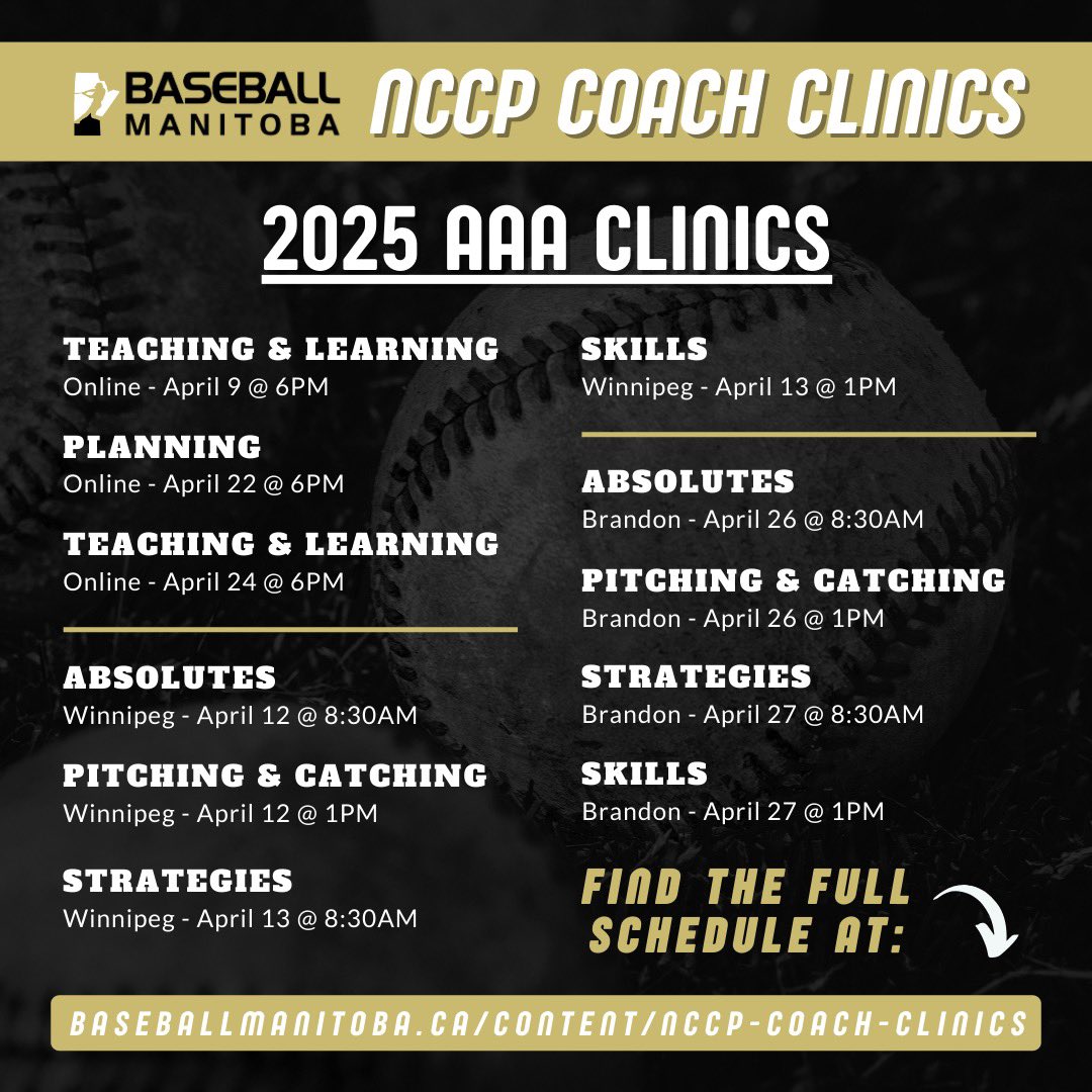 🚨COACHES!🚨

There are multiple NCCP Coach Clinics available over the next month, including Initiation clinics, and clinics for Strategies, Skills, Teaching &amp; Learning, &amp; more! Check out our website to see a full list! ⬇️

🔗: baseballmanitoba.ca/content/nccp-c…