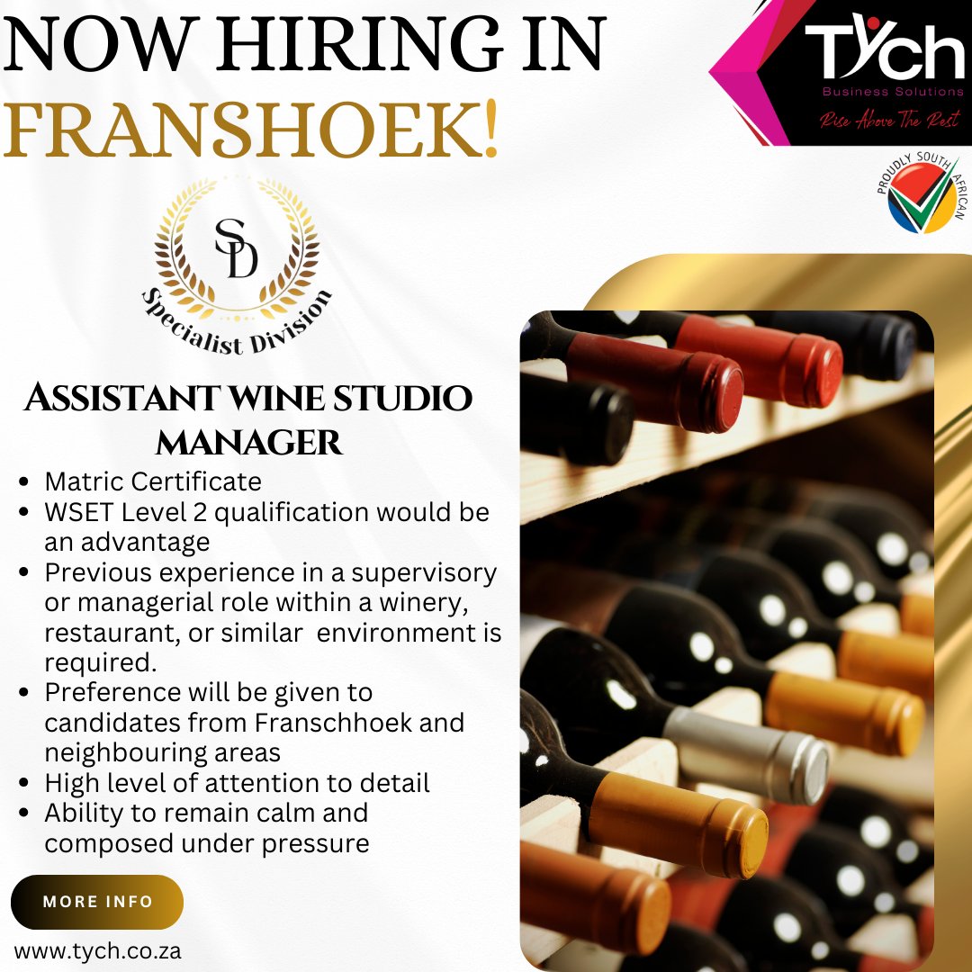 TychTeam's tweet photo. 🍷 We're Hiring in Franschhoek! 
📍 Apply now at https://t.co/yrK6NNfekZ
#FranschhoekJobs #HospitalityCareers #WineStudioManager #GuestAssistant #NowHiring #TychBusinessSolutions #LuxuryHospitality https://t.co/lfEd1gzdL6