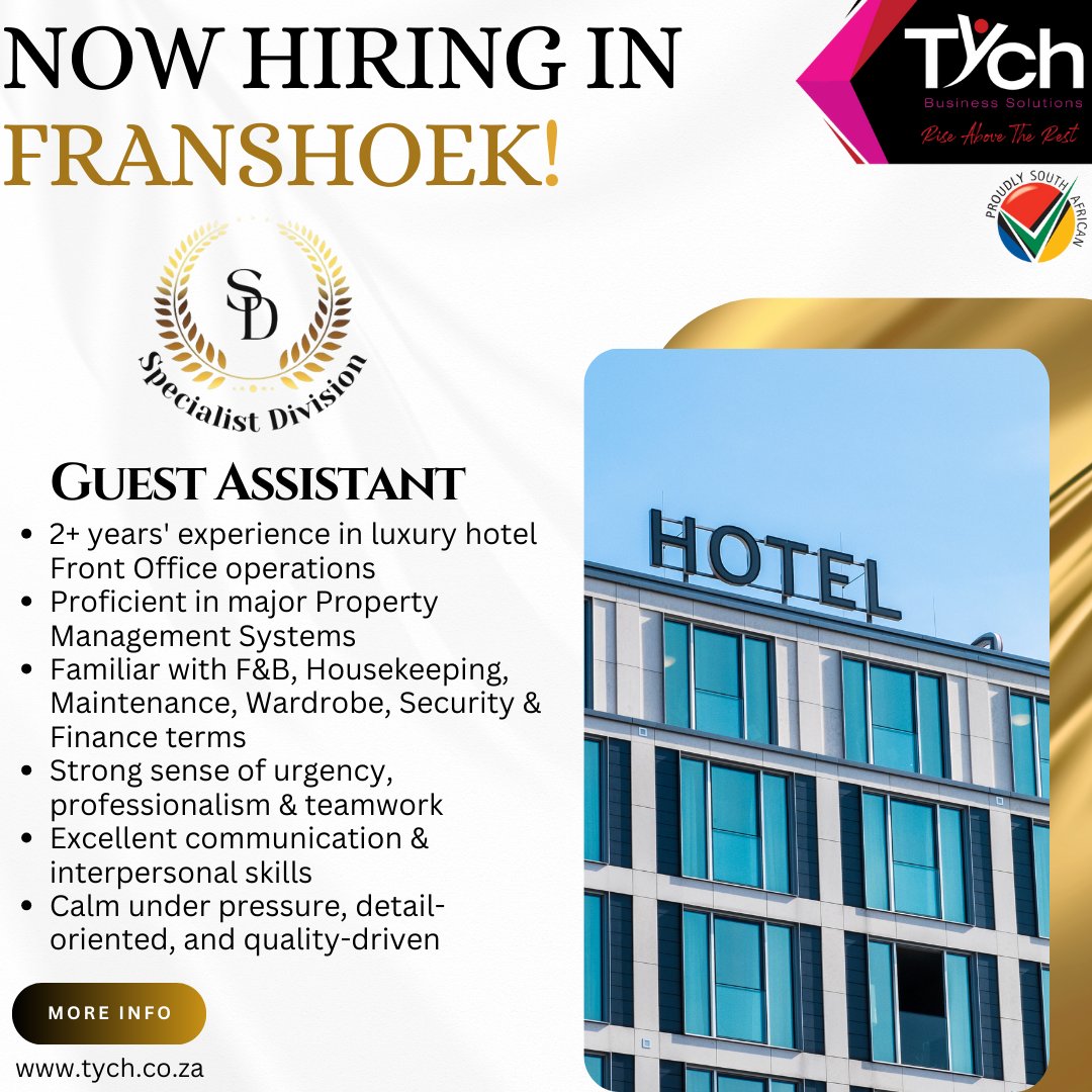 TychTeam's tweet photo. 🍷 We're Hiring in Franschhoek! 
📍 Apply now at https://t.co/yrK6NNfekZ
#FranschhoekJobs #HospitalityCareers #WineStudioManager #GuestAssistant #NowHiring #TychBusinessSolutions #LuxuryHospitality https://t.co/lfEd1gzdL6