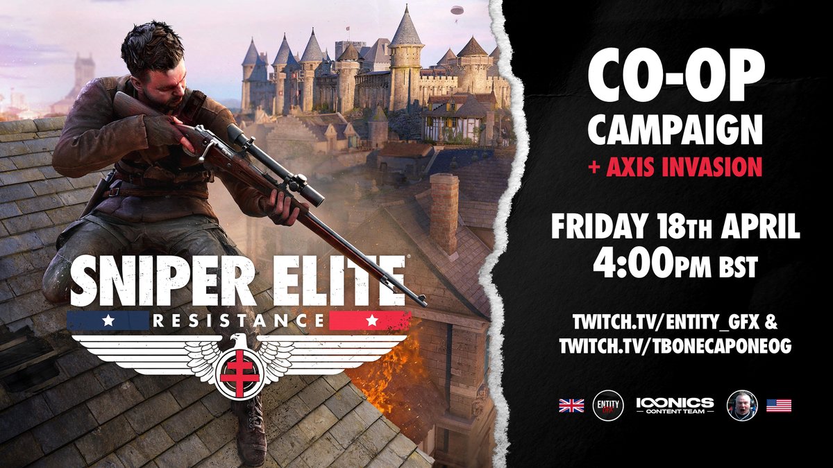 SPECIAL ANNOUNCEMENT!🚨
Sniper Elite Resistance Co-Op Campaign + Axis Invasion🪖 
Collab Stream with @CactusBengal 🇬🇧🤝🏻🇺🇸
Friday 18th April - 4pm BST 🕓
Come Join The Action &amp; Snipe Us! 🎮