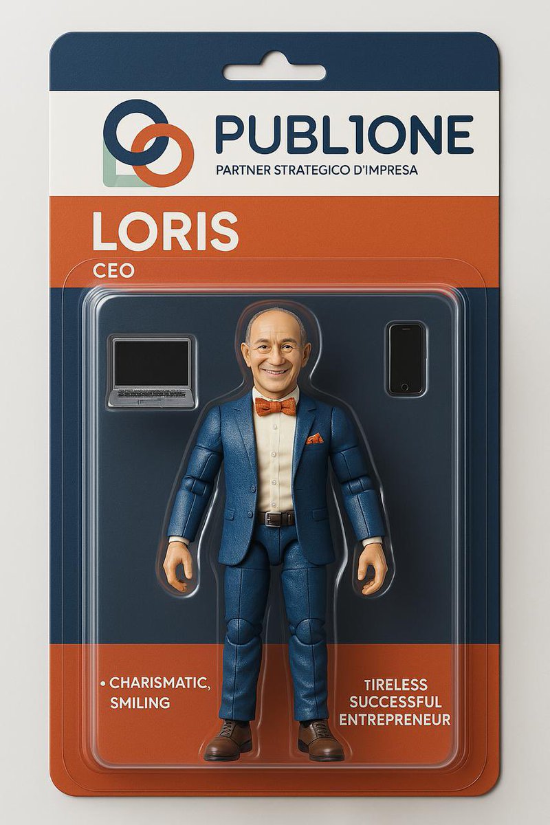 Quando la comunicazione è una missione, serve l’equipaggiamento giusto: laptop, smartphone e un sorriso sempre acceso.
La nuova action figure è pronta per affrontare ogni brainstorming, pitch o crisi last-minute.
Nome in codice: LORIS – CEO Edition.
Caratteristiche: carisma,