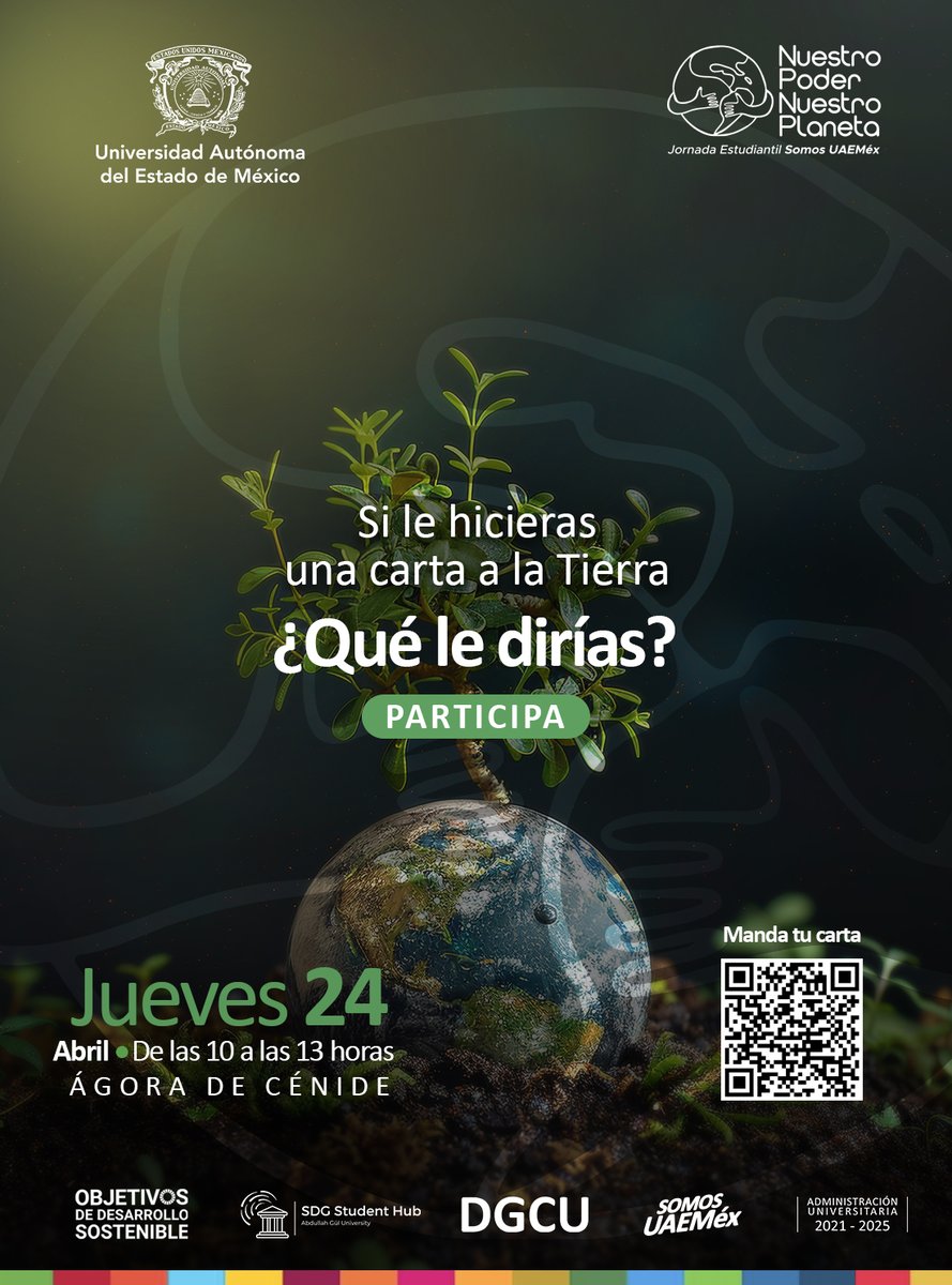 UAEM_MX's tweet photo. 🌍💌 ¡Celebremos juntos el Día de la Tierra!
Te invitamos a escribir una carta compartiendo tus compromisos para cuidar nuestro planeta y tener un futuro más verde.
🗓️ Regístrate en el link y envía tu carta del 9 al 22 de abril  👉 https://t.co/8fBYFA4gMu 
#SomosUAEMéx💚💛 https://t.co/XySKJlaT1s