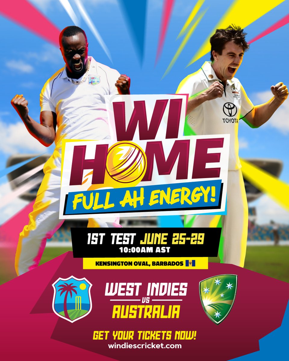 windiescricket's tweet photo. Barbados🇧🇧, WI outside!🙌🏽
WI HOME & FULL AH ENERGY!!!⚡
Get Your Tickets Early⬇️
https://t.co/7yuviyzuTV
🎟�� *Children under 16 years old are 𝙁𝙍𝙀𝙀!(local residents only)*
#WIHome #FullAhEnergy #WIvAUS https://t.co/WpHNJXsAv0