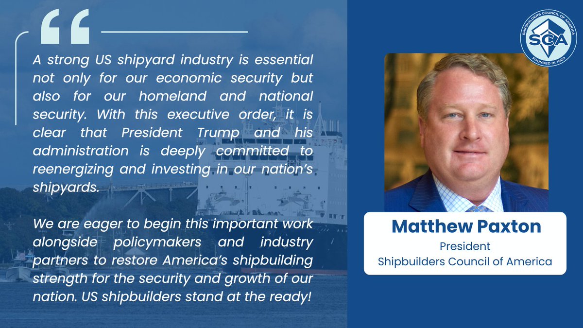 SCA applauds President Trump’s commitment to revitalizing US shipbuilding and ship repair through the "Make Shipbuilding Great Again" Executive Order. We stand ready to collaborate with policymakers and the Administration to restore America’s shipbuilding leadership! 🚢🇺🇸⚓️