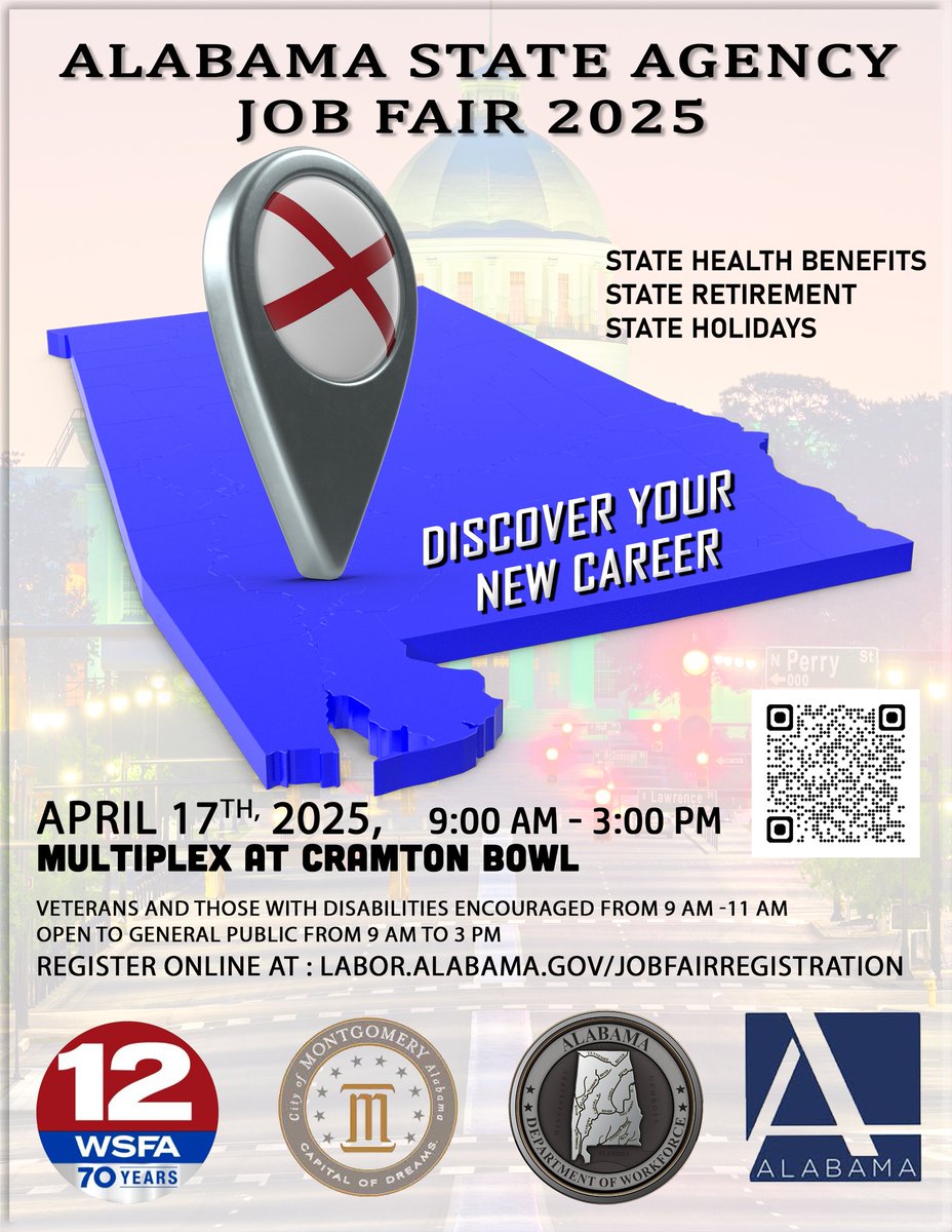 Reminder - The Alabama State Agency Job Fair will be held on April 17th at the Multiplex at Crampton Bowl in Montgomery. Register at labor.alabama.gov/jobfairregistr…