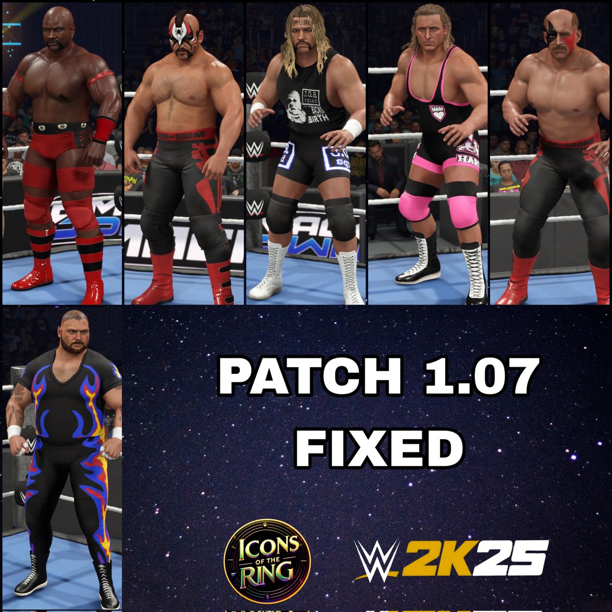 🚨 PATCH 1.07 FIXED CAWs are re-uploaded for #WWE2K25! Here's some details for what got changed due to the 1.07 patch:

AHMED JOHNSON:
• Accurate boots due to the patch fixing image wrapping on boots
• Face fixed for the Face Tattoos
• New face details added for lips and