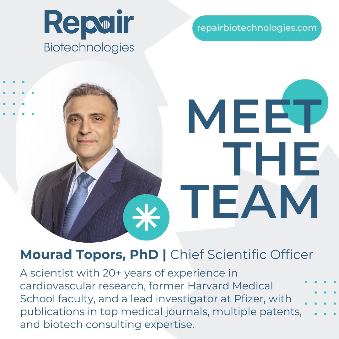 🌟 Meet Mourad Topors, PhD – Scientific Powerhouse Behind Repair Biotechnologies 🔬

Dr. Mourad Topors, Chief Scientific Officer at Repair Biotechnologies, brings over 20 years of groundbreaking research experience in molecular biology, aging, and cardiovascular disease.