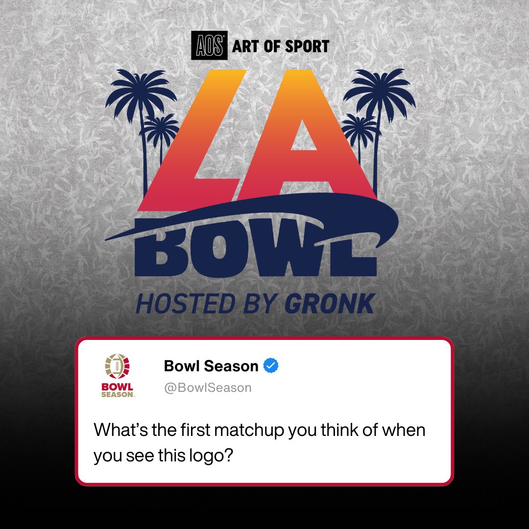 Bowl Season (@bowlseason) on Twitter photo What’s the first matchup you think of when you see the <a href="/LABowlGame/">LA Bowl Hosted By Gronk</a> logo? 🤔⬇️
#BowlSeason #CollegeFootball #CFB What’s the first matchup you think of when you see the <a href="/LABowlGame/">LA Bowl Hosted By Gronk</a> logo? 🤔⬇️
#BowlSeason #CollegeFootball #CFB