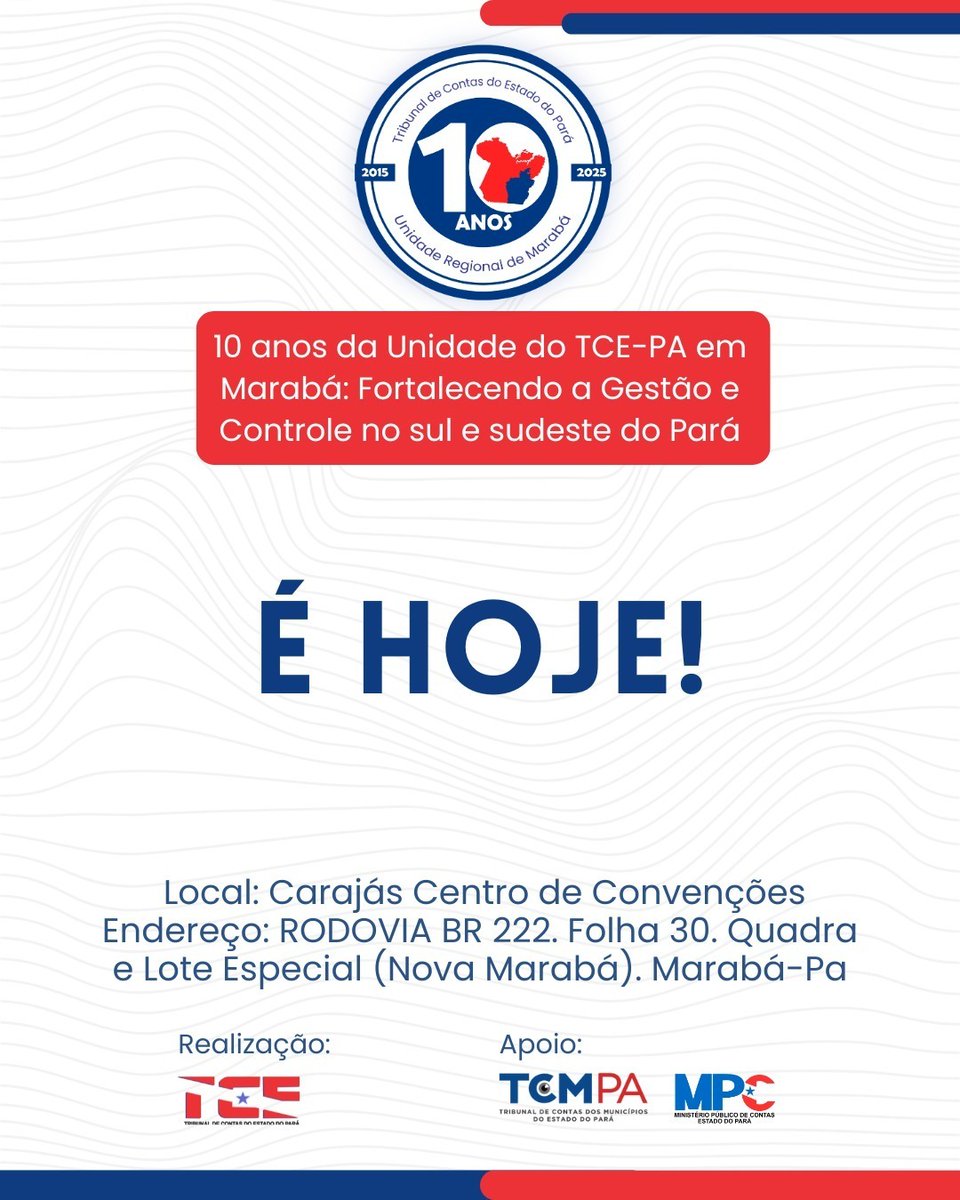 tcepadigital's tweet photo. É hoje! Chegou o dia!
Logo mais, às 18 horas, começa o evento que celebra os 10 anos da Regional de Marabá do #TcePa.
Serão dois dias de palestras e debates com especialistas, reforçando o compromisso do Tribunal com a transparência e a boa gestão pública.
Esperamos por você! https://t.co/g2YXamK9dI