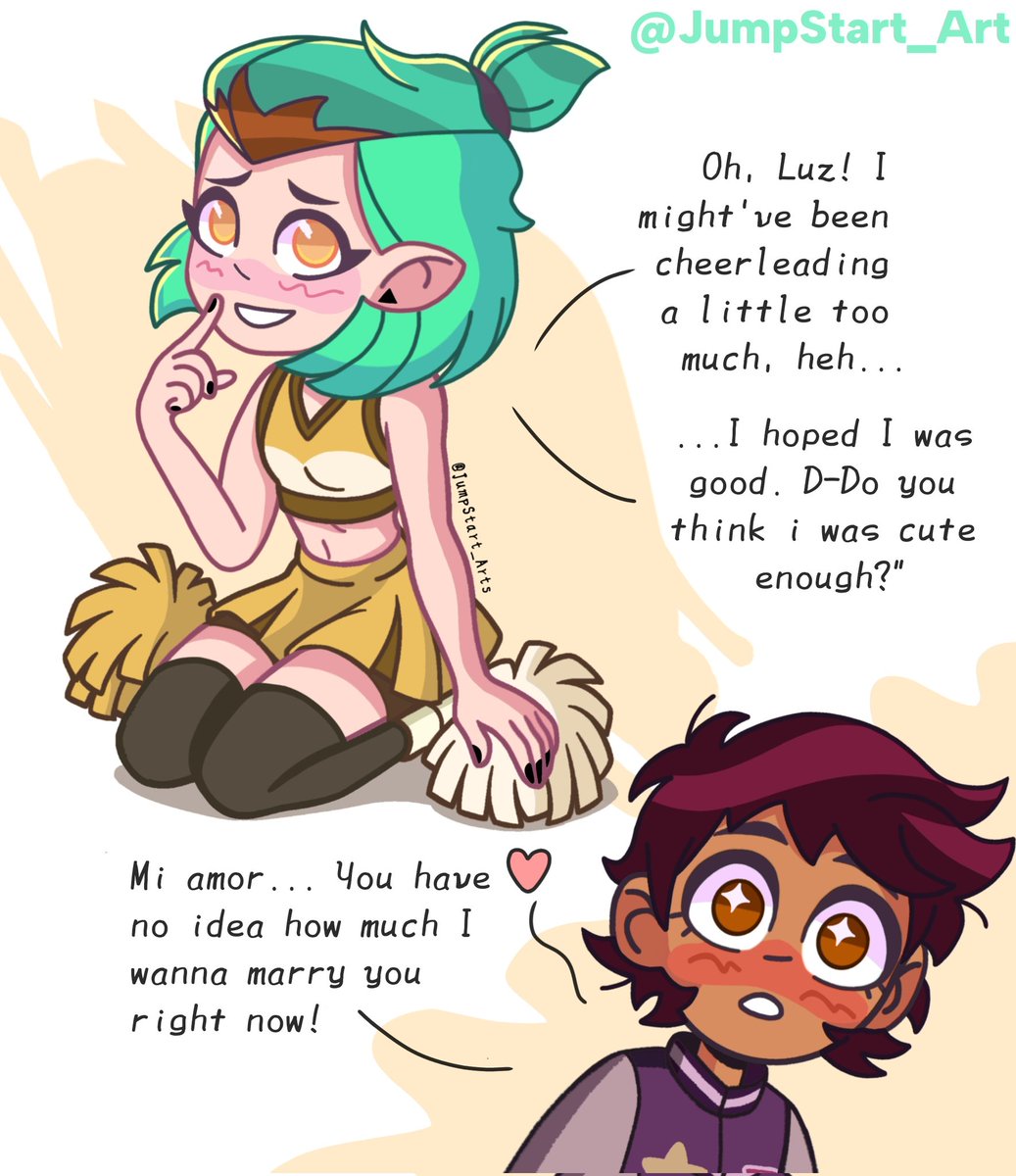 JumpStart_Arts's tweet photo. Cheerleader Amity is so cute! 💚💜
#TheOwlHouse #Lumity #LuzxAmity #Amity #Luz #theowlhousefanart https://t.co/9svSimKCQ0